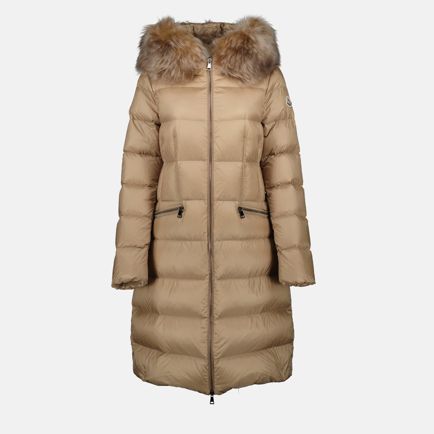 Long Beige Fur-Trim Down Coat