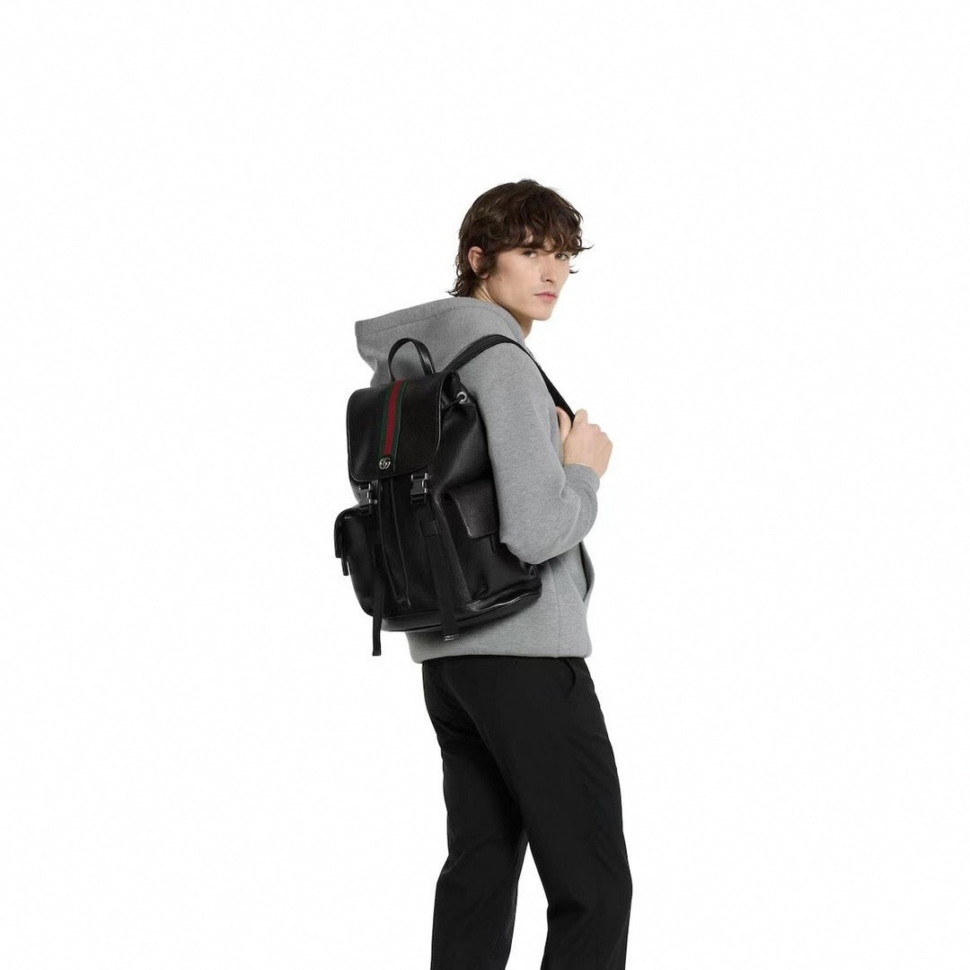 Black Leather Flap Backpack
