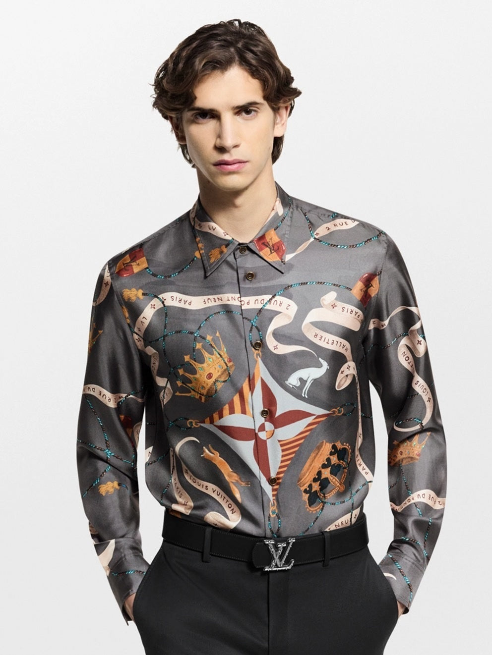 Crown & Ribbon "Pont Neuf" Print Silk-Finish Shirt