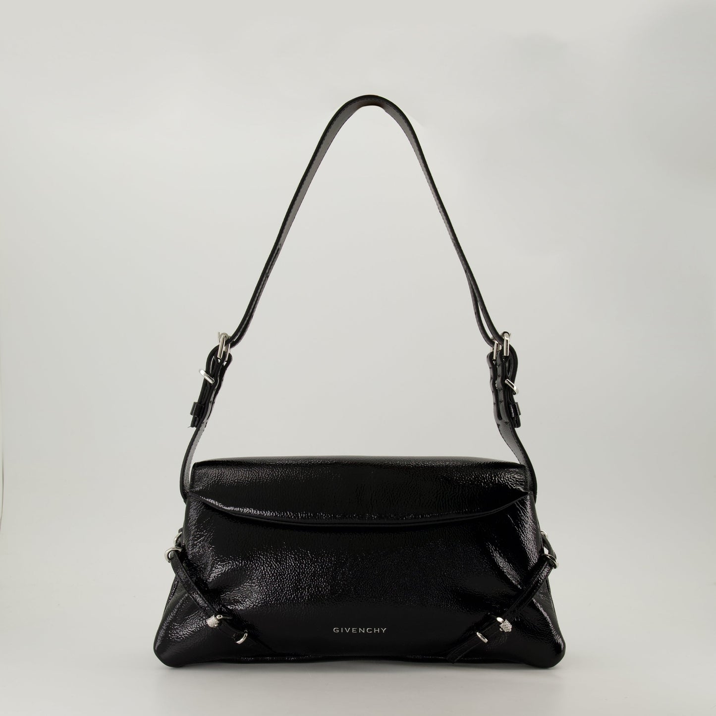 Black Patent Leather Shoulder Bag with Strap Detail