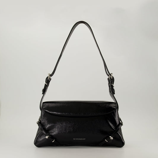Black Patent Leather Shoulder Bag with Strap Detail