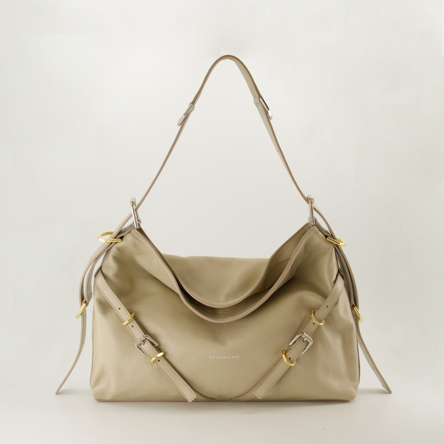 Beige Leather Slouchy Shoulder Bag with Harness Detail