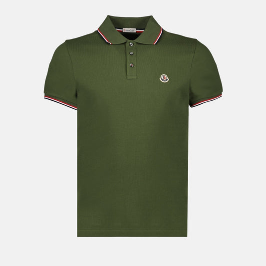 Moncler Olive Green Polo Shirt with Signature Tricolor Trim