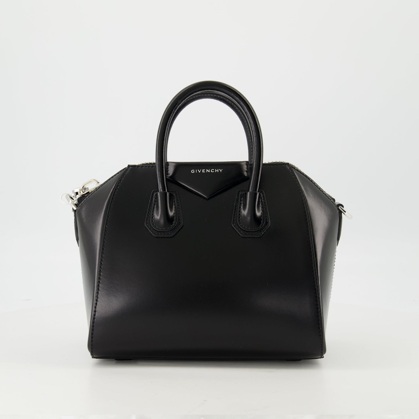 Black Grained Leather Mini Antigona Top Handle Bag