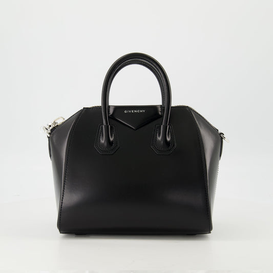 Black Grained Leather Mini Antigona Top Handle Bag