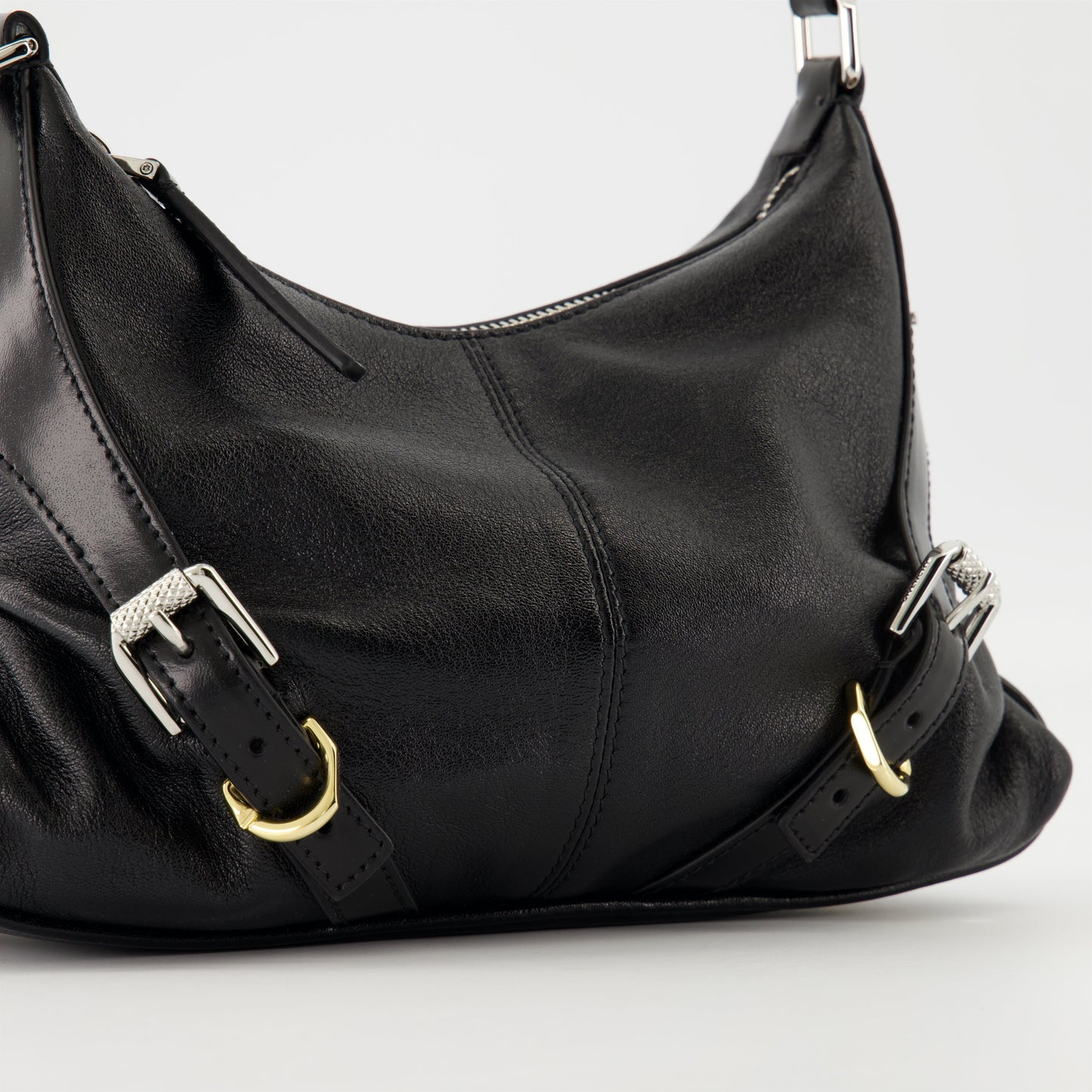 Black Leather Buckle Detail Mini Shoulder Bag