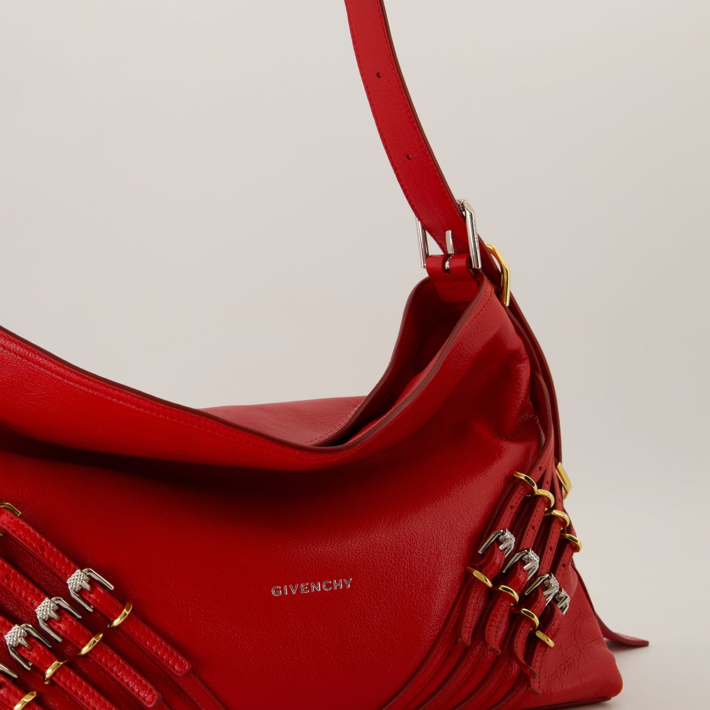 Red Leather Slouchy Shoulder Bag with Harness Detail