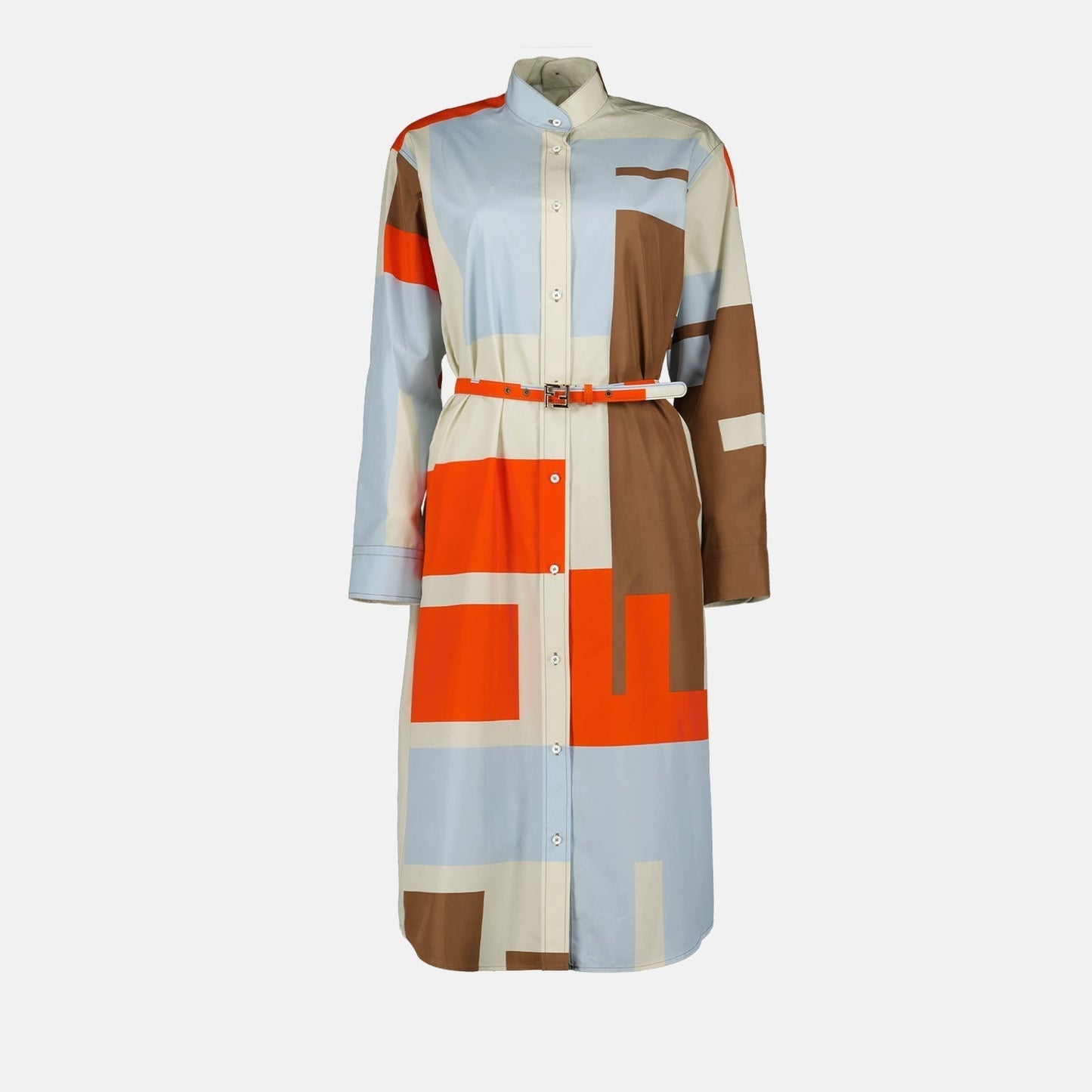 Abstract Color-Block Belted Shirt Dress