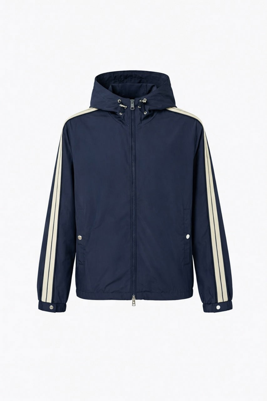Hooded Nylon Jacket with Signature Stripe – Navy