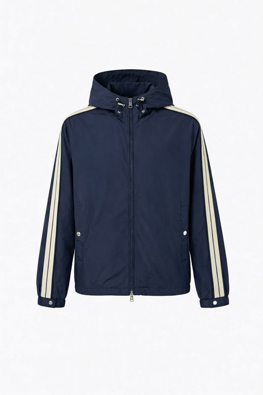 Hooded Nylon Jacket with Signature Stripe – Navy