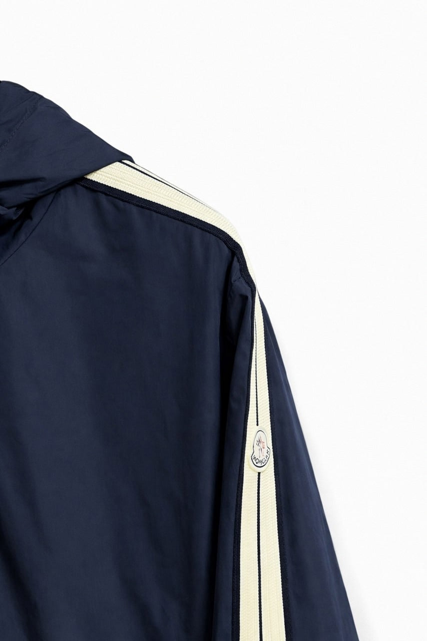 Hooded Nylon Jacket with Signature Stripe – Navy