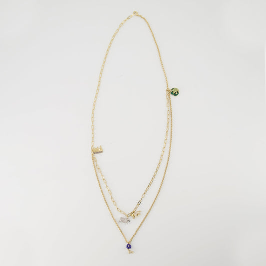 Layered Charm Chain Necklace with Gem Accent