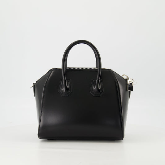 Black Grained Leather Mini Antigona Top Handle Bag