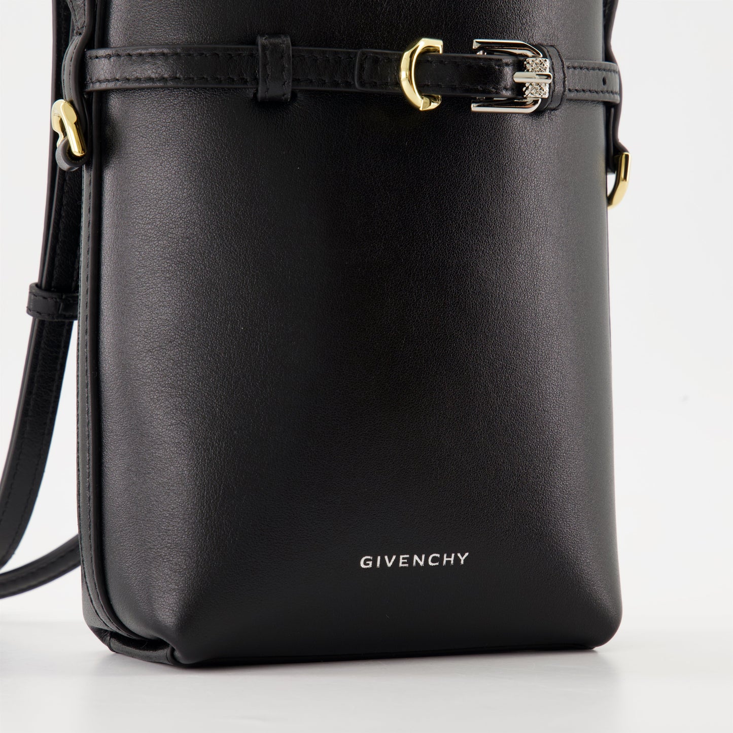 Black Leather Mini Bucket Bag with Belt Detail
