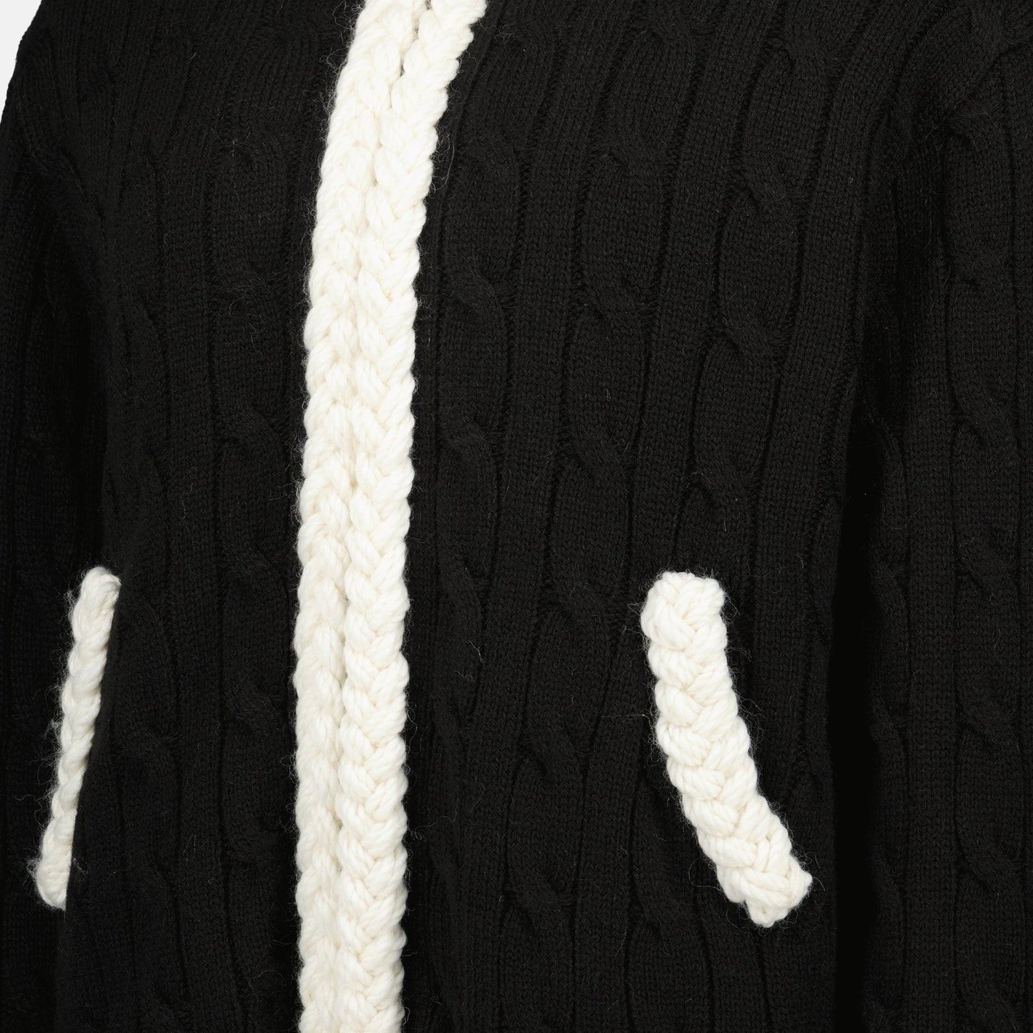 Black Cable-Knit Cardigan with Contrast Trim