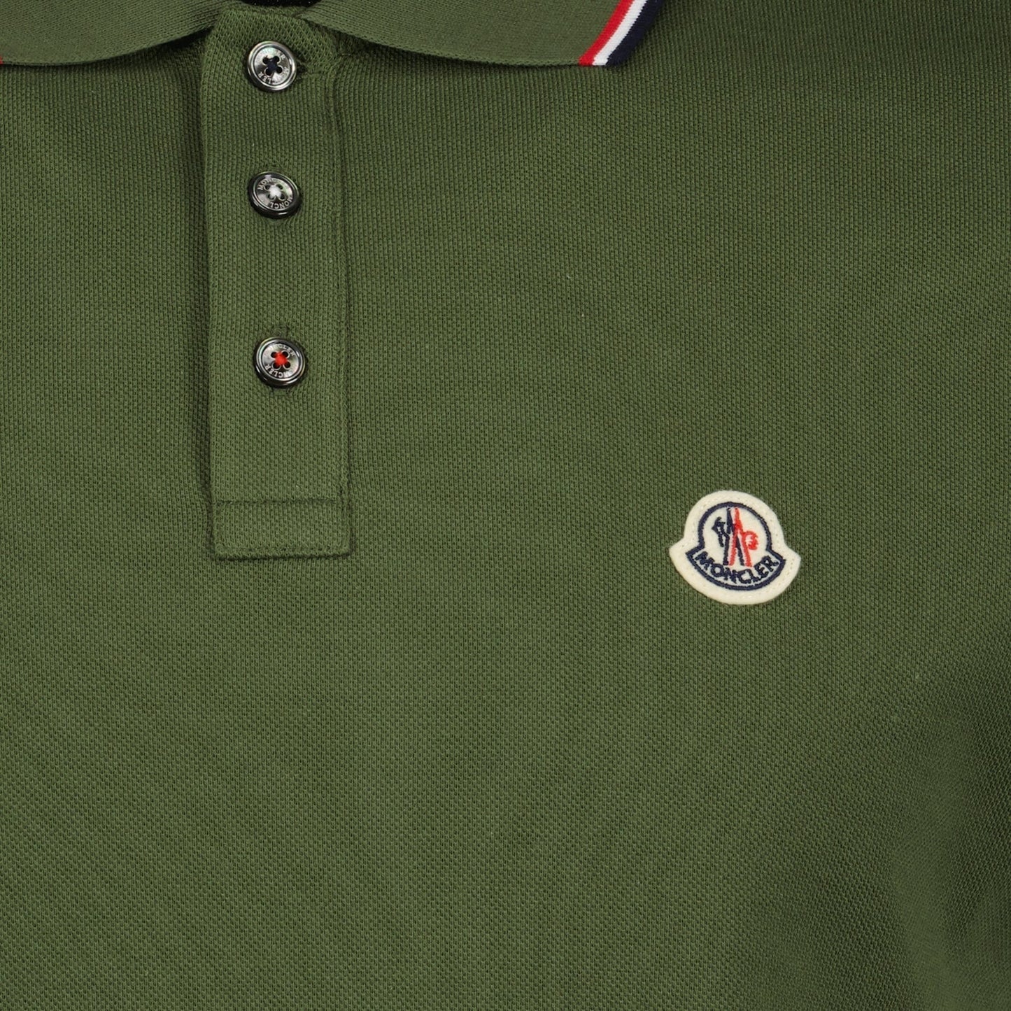 Moncler Olive Green Polo Shirt with Signature Tricolor Trim