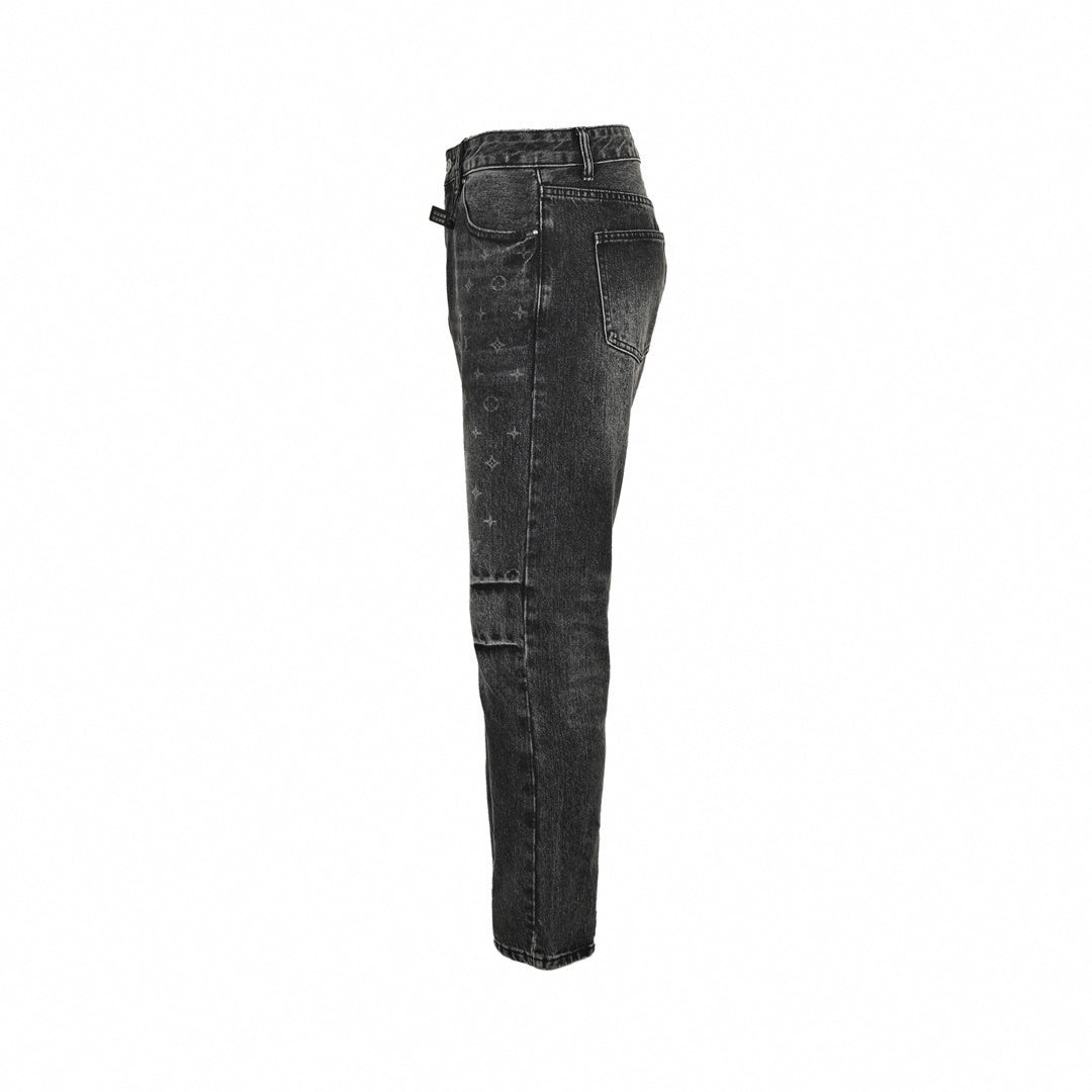 Black Washed Denim Jeans with Monogram & Cowboy Embroidery