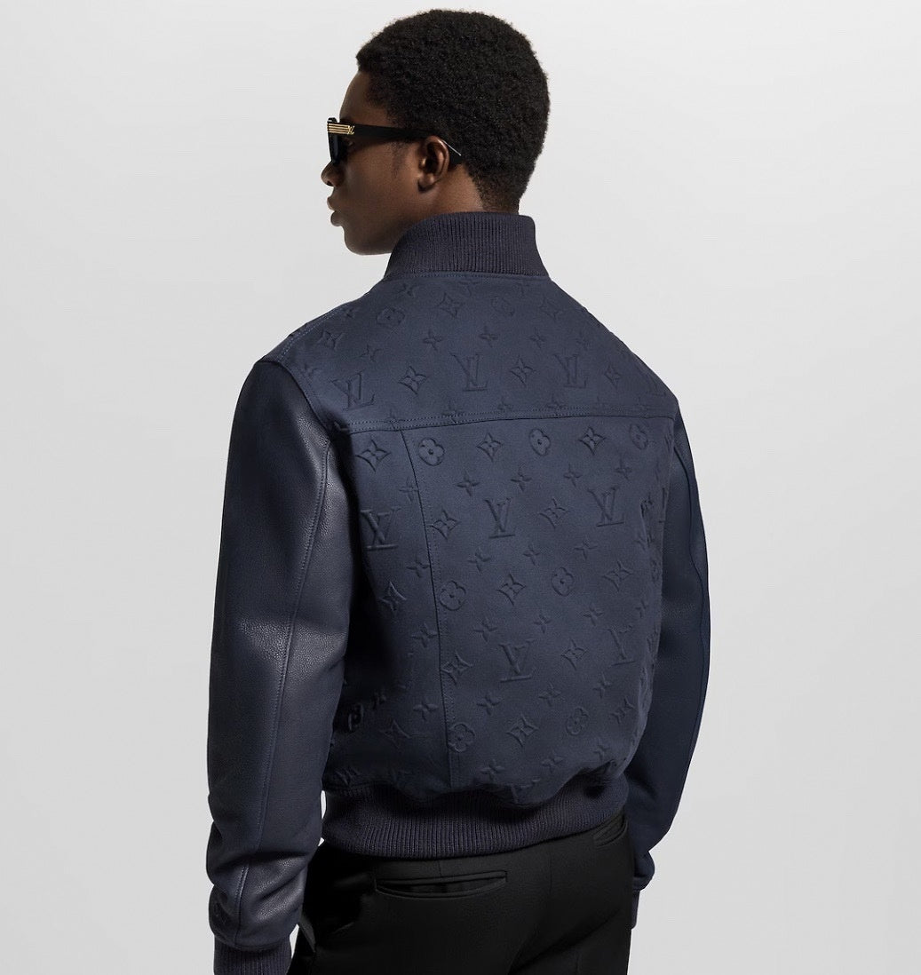 Navy Monogram Embossed Varsity Jacket