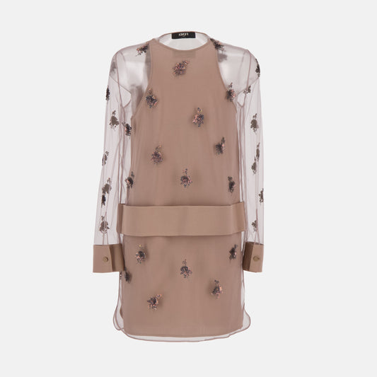 Embellished Sheer Overlay Shirt Dress