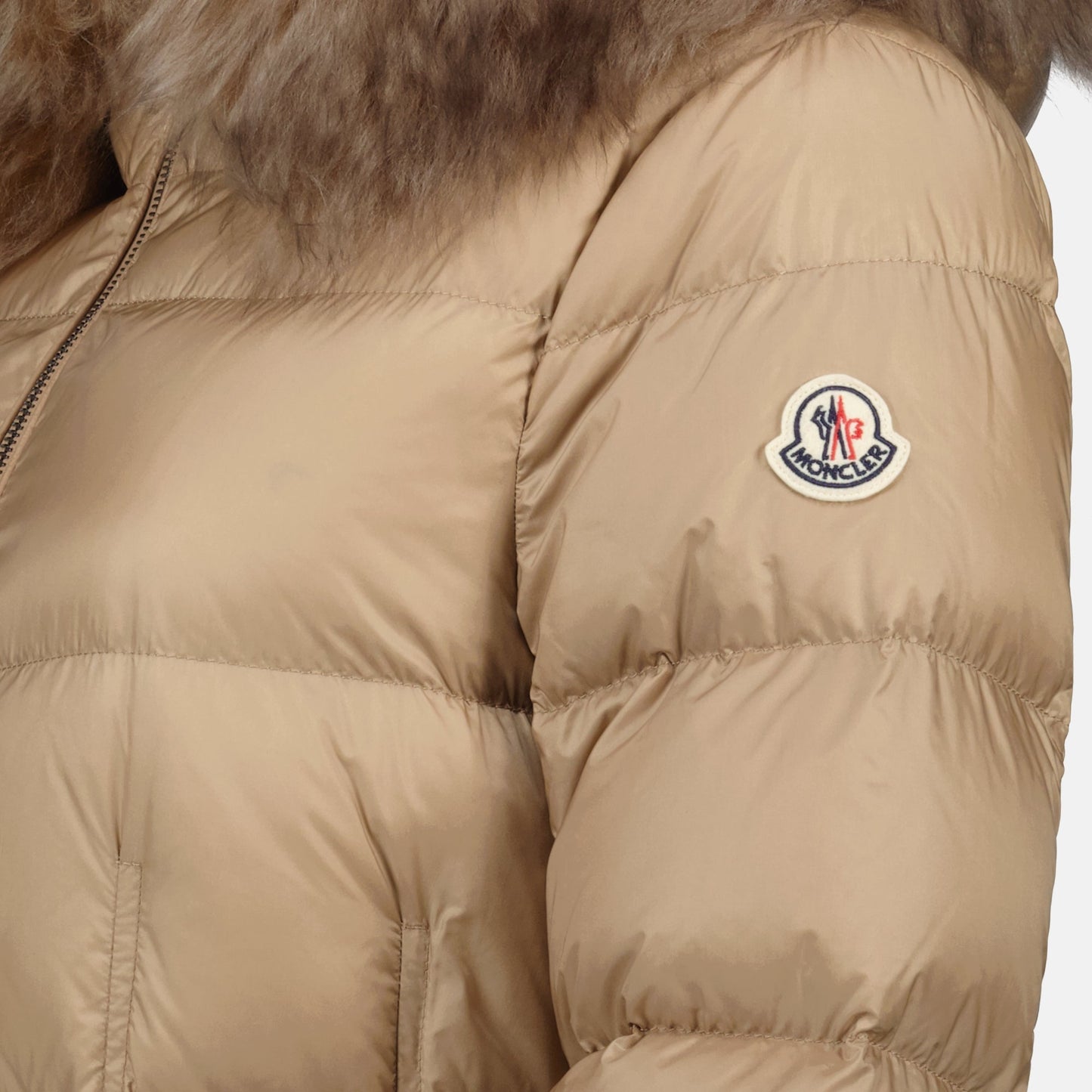 Long Beige Fur-Trim Down Coat