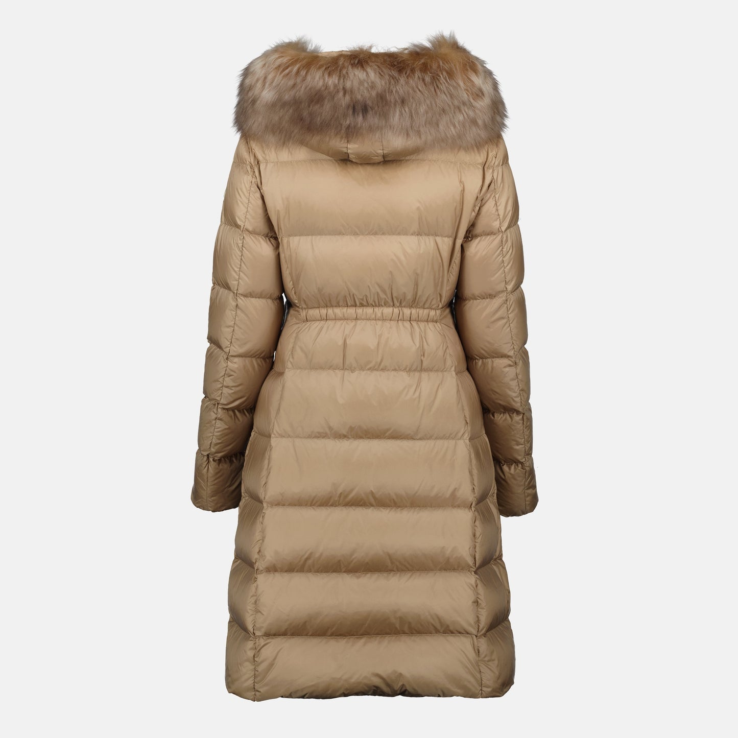 Long Beige Fur-Trim Down Coat