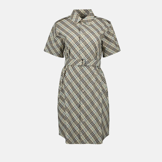 Short Sleeve Check Belted Shirt Dress – Light Beige