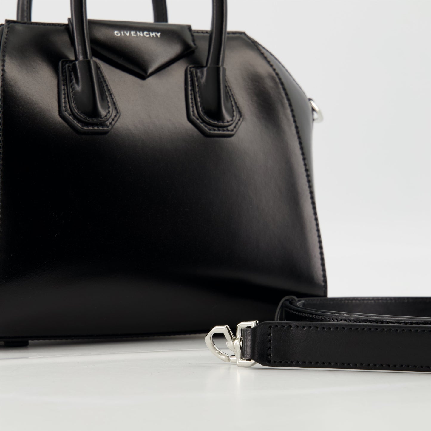 Black Grained Leather Mini Antigona Top Handle Bag