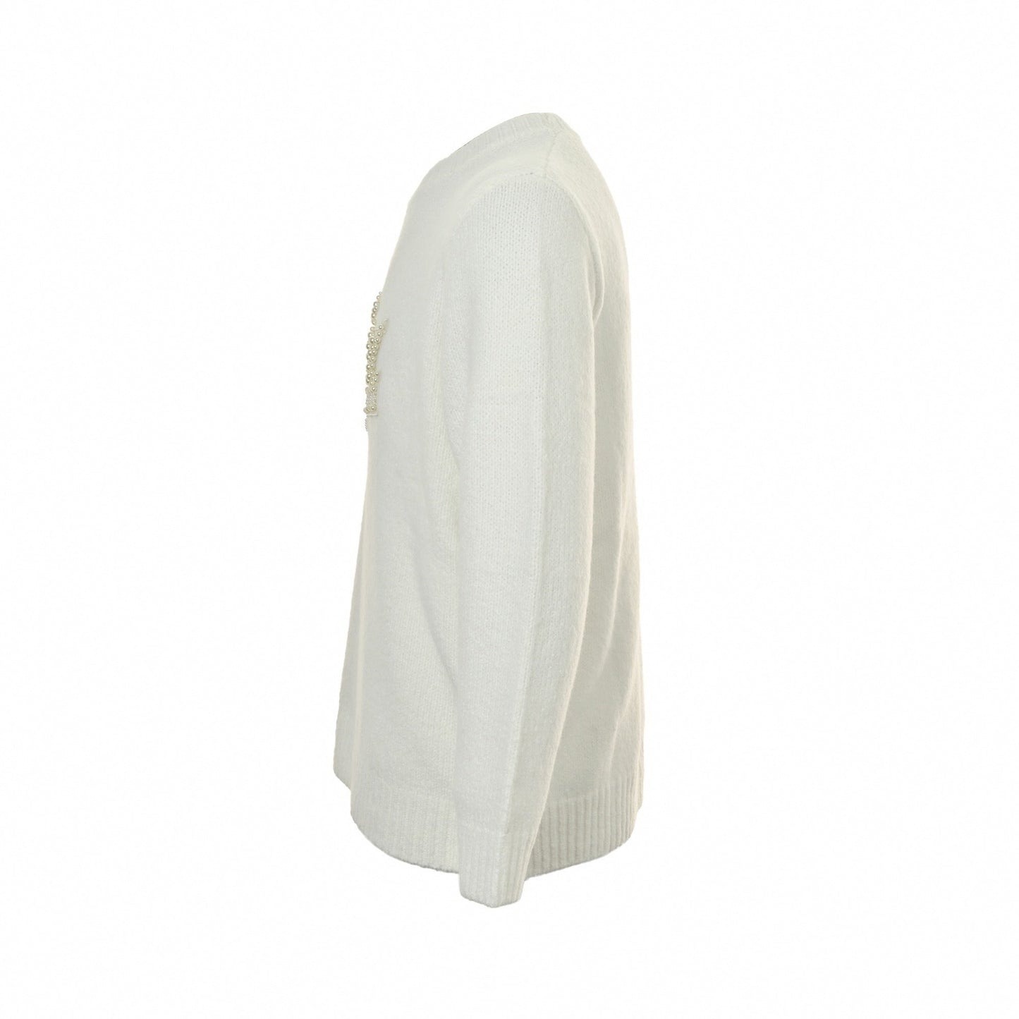 Pearl-Embellished Crown Motif Wool Knit Sweater – Ivory White