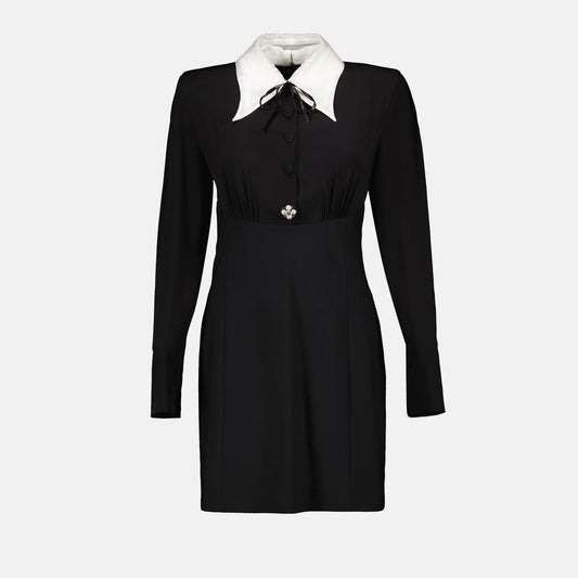 Contrast Collar Mini Dress with Ribbon Tie