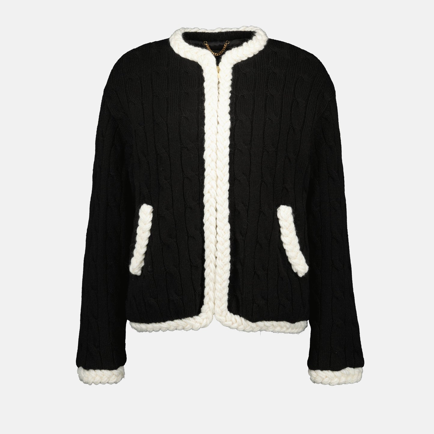 Black Cable-Knit Cardigan with Contrast Trim