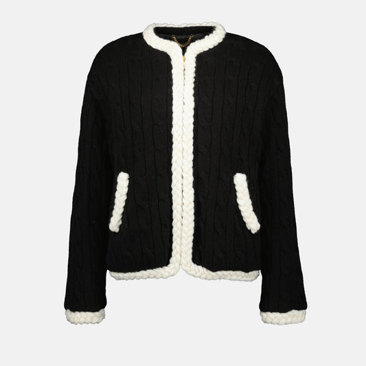 Black Cable-Knit Cardigan with Contrast Trim