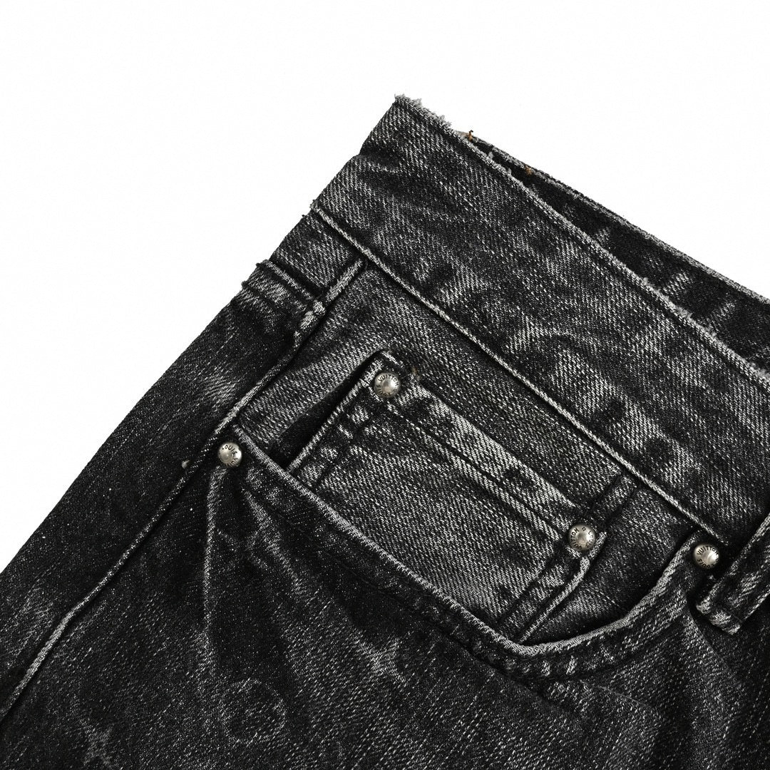 Black Washed Denim Jeans with Monogram & Cowboy Embroidery