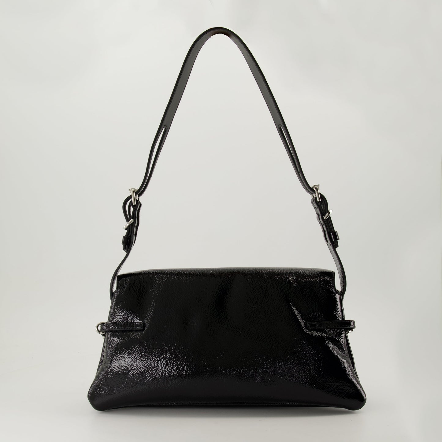 Black Patent Leather Shoulder Bag with Strap Detail