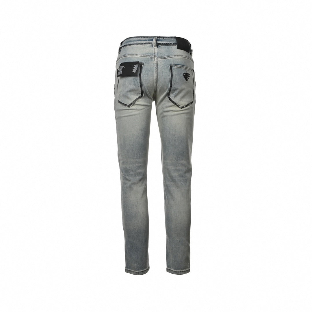 Men's Washed Grey Distressed Denim Jeans
