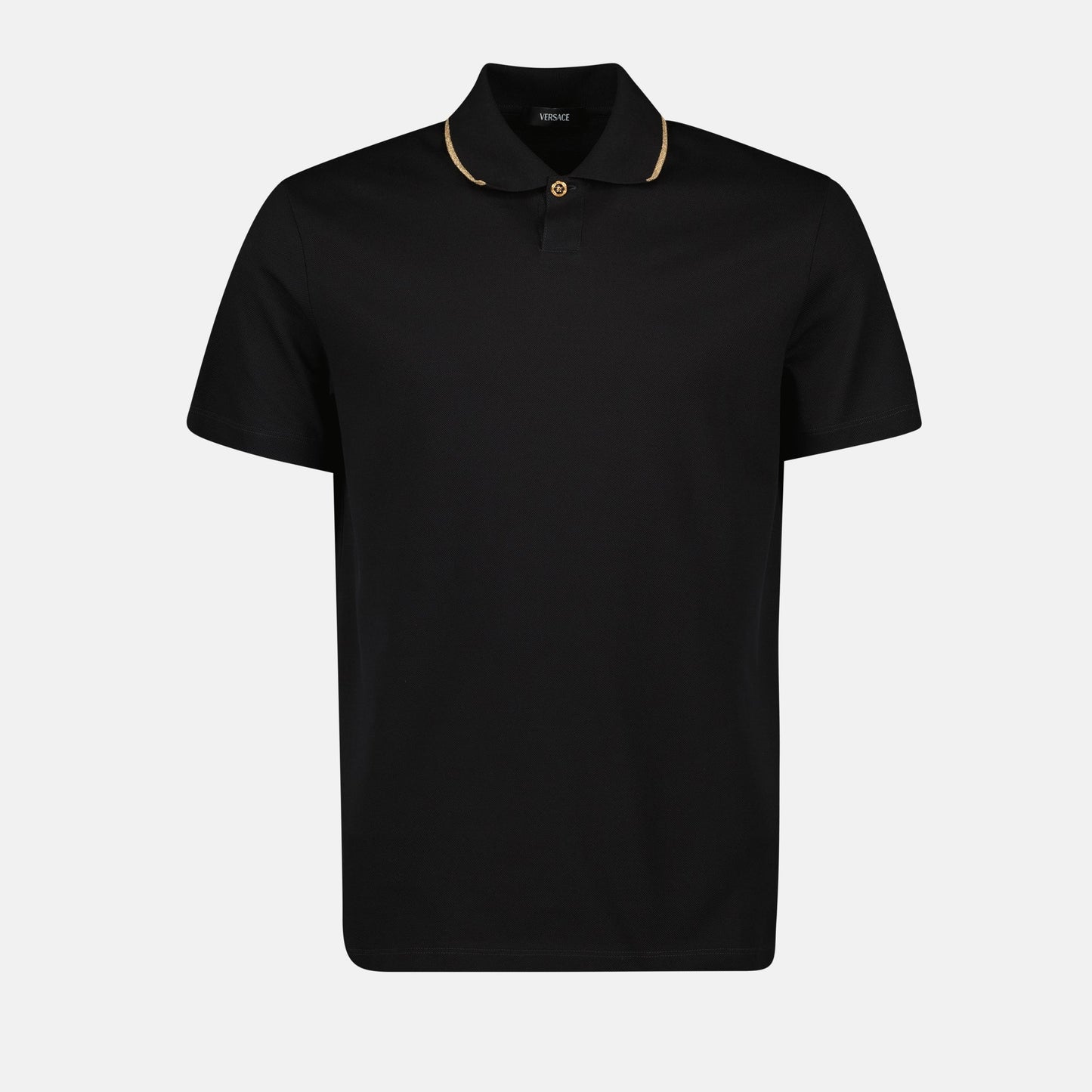 Versace Black Polo Shirt with Gold Medusa Button Detail