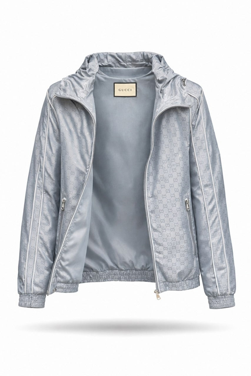 GG Jacquard Hooded Nylon Jacket – Light Grey