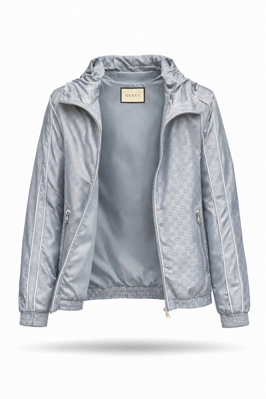 GG Jacquard Hooded Nylon Jacket – Light Grey