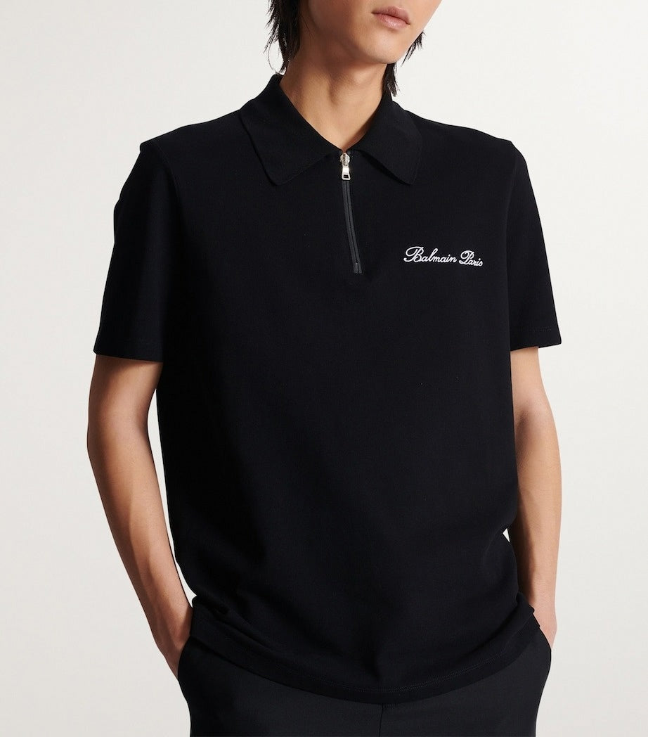 Zip-Neck Embroidered Polo Shirt
