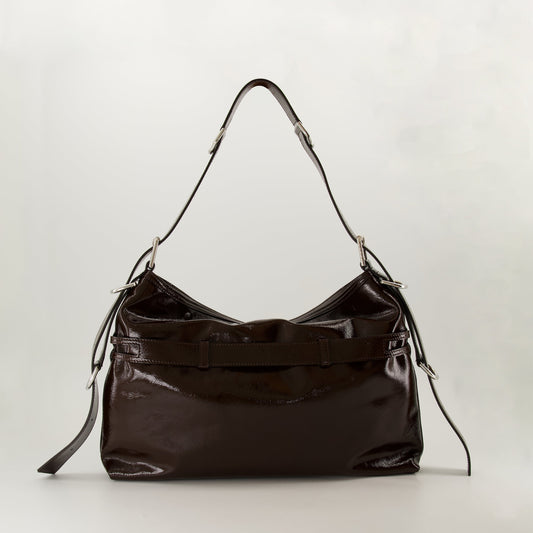 Brown Patent Leather Slouchy Shoulder Bag with Harness Detail