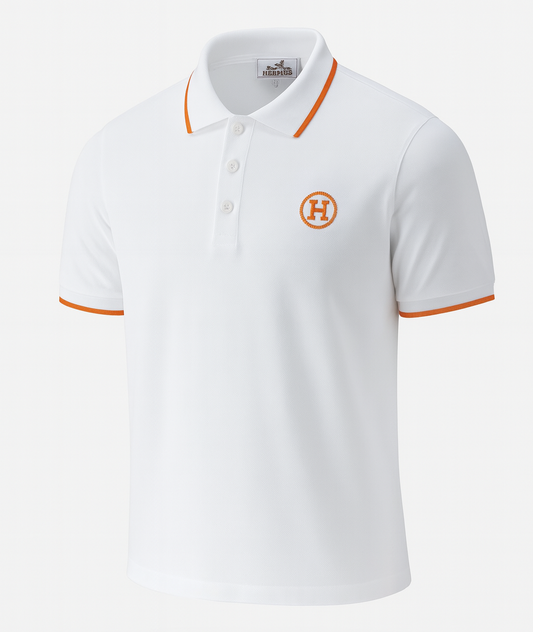 Hermès White Polo Shirt with Orange Trim and H Logo