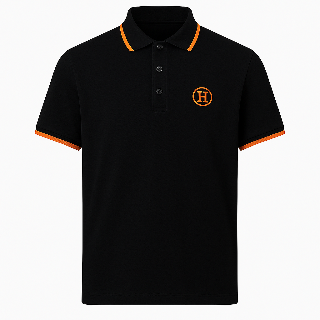 Hermès Black Polo Shirt with Orange Contrast Trim and H Logo