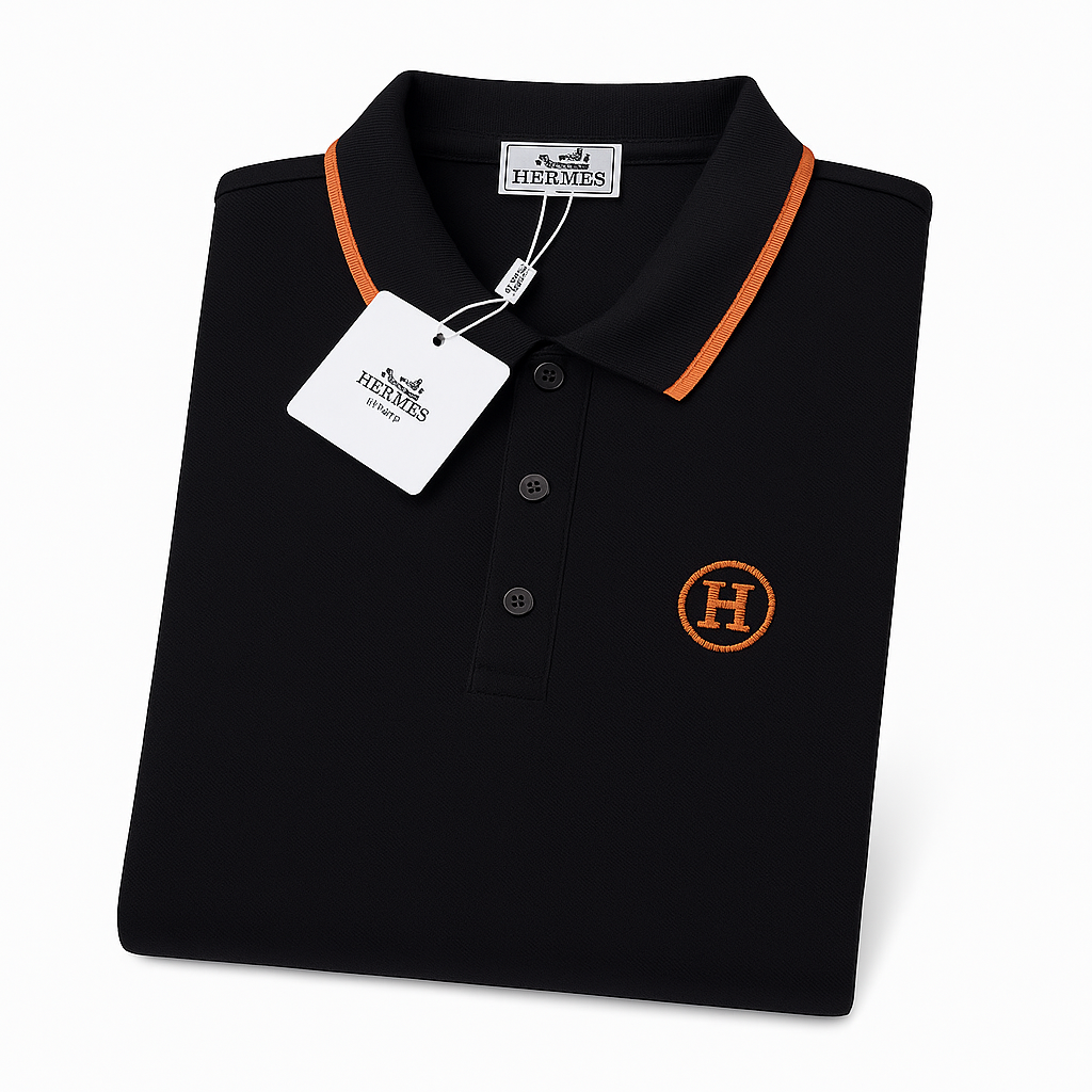 Hermès Black Polo Shirt with Orange Contrast Trim and H Logo
