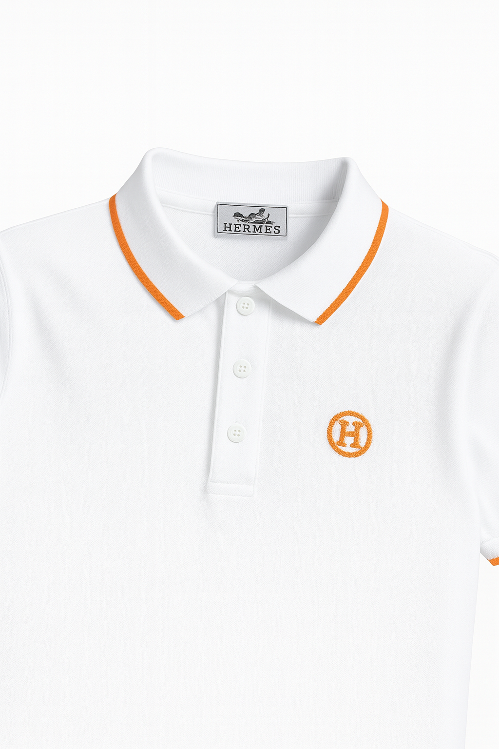 Hermès White Polo Shirt with Orange Trim and H Logo