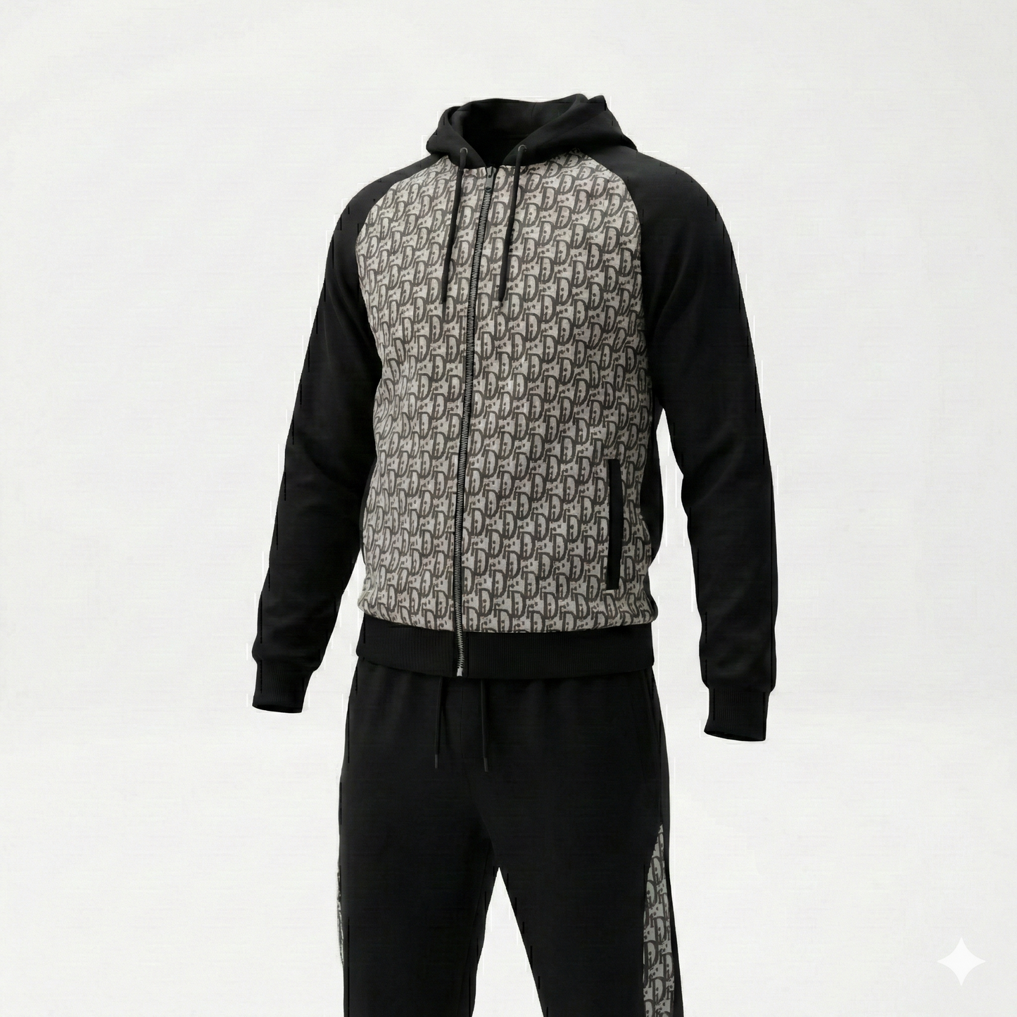 Oblique Hooded Zip-Up Tracksuit in Black