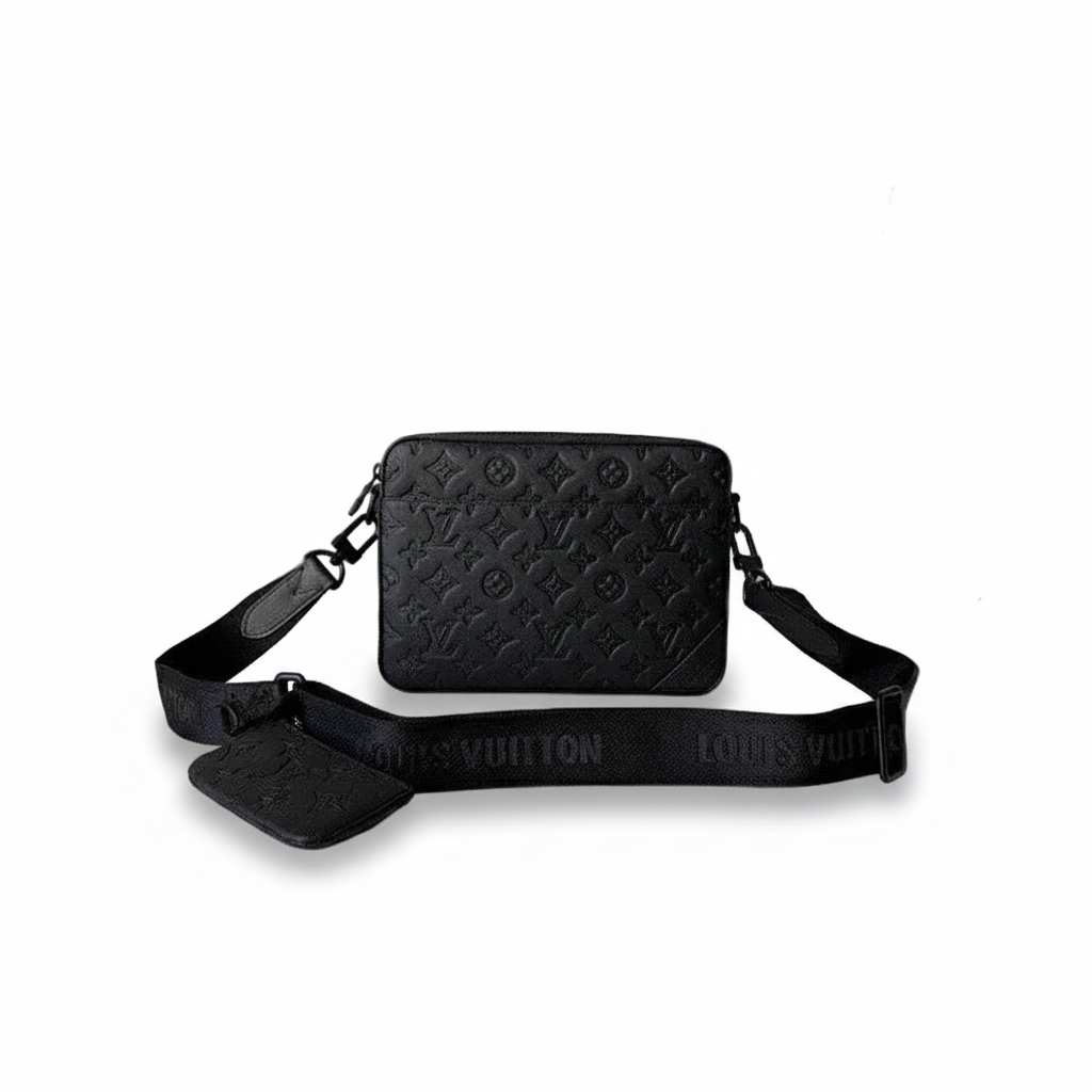 Monogram Embossed Black Messenger Crossbody Bag