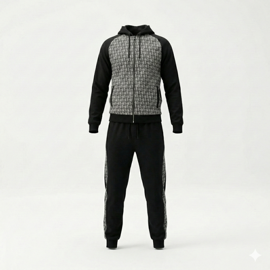 Oblique Hooded Zip-Up Tracksuit in Black