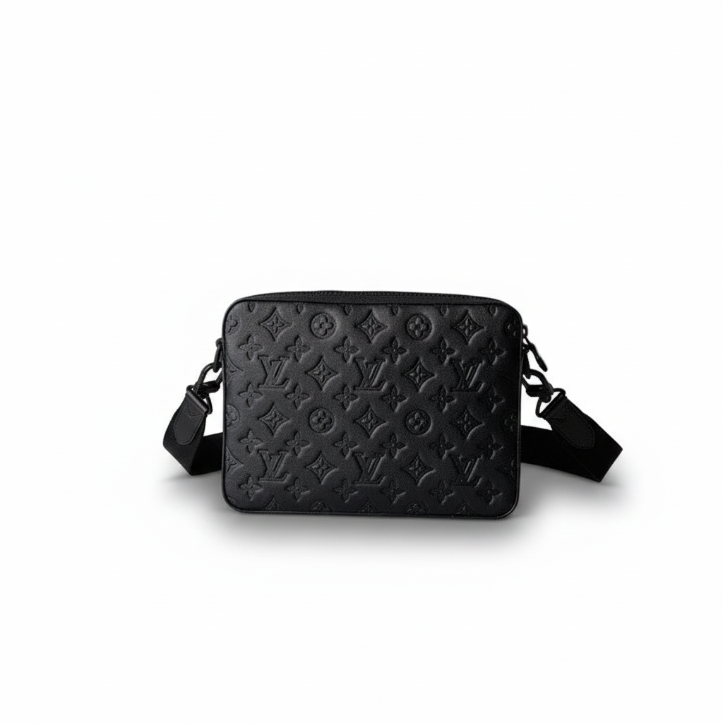 Monogram Embossed Black Messenger Crossbody Bag