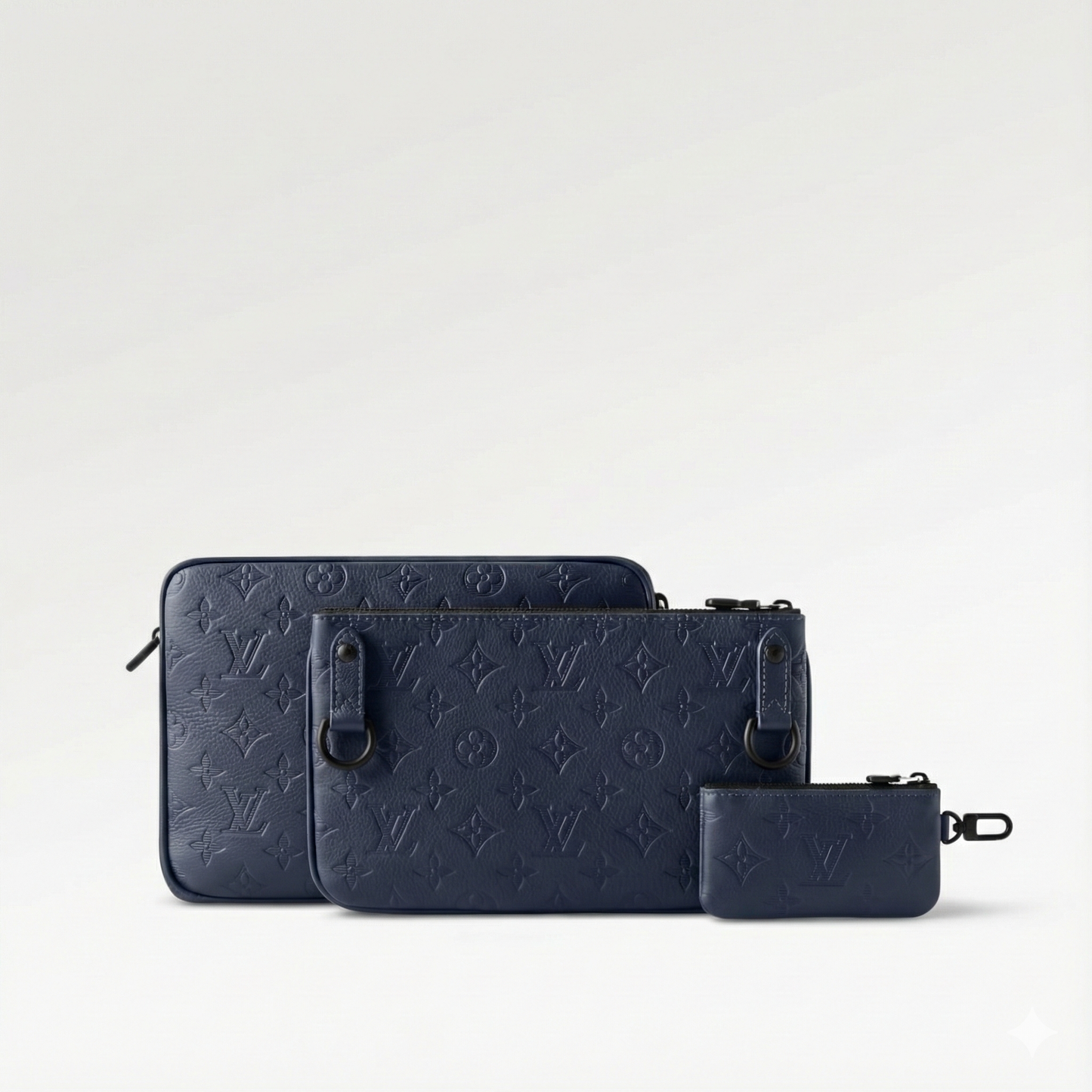 Monogram Embossed Leather Trio Messenger Bag (Navy Blue)