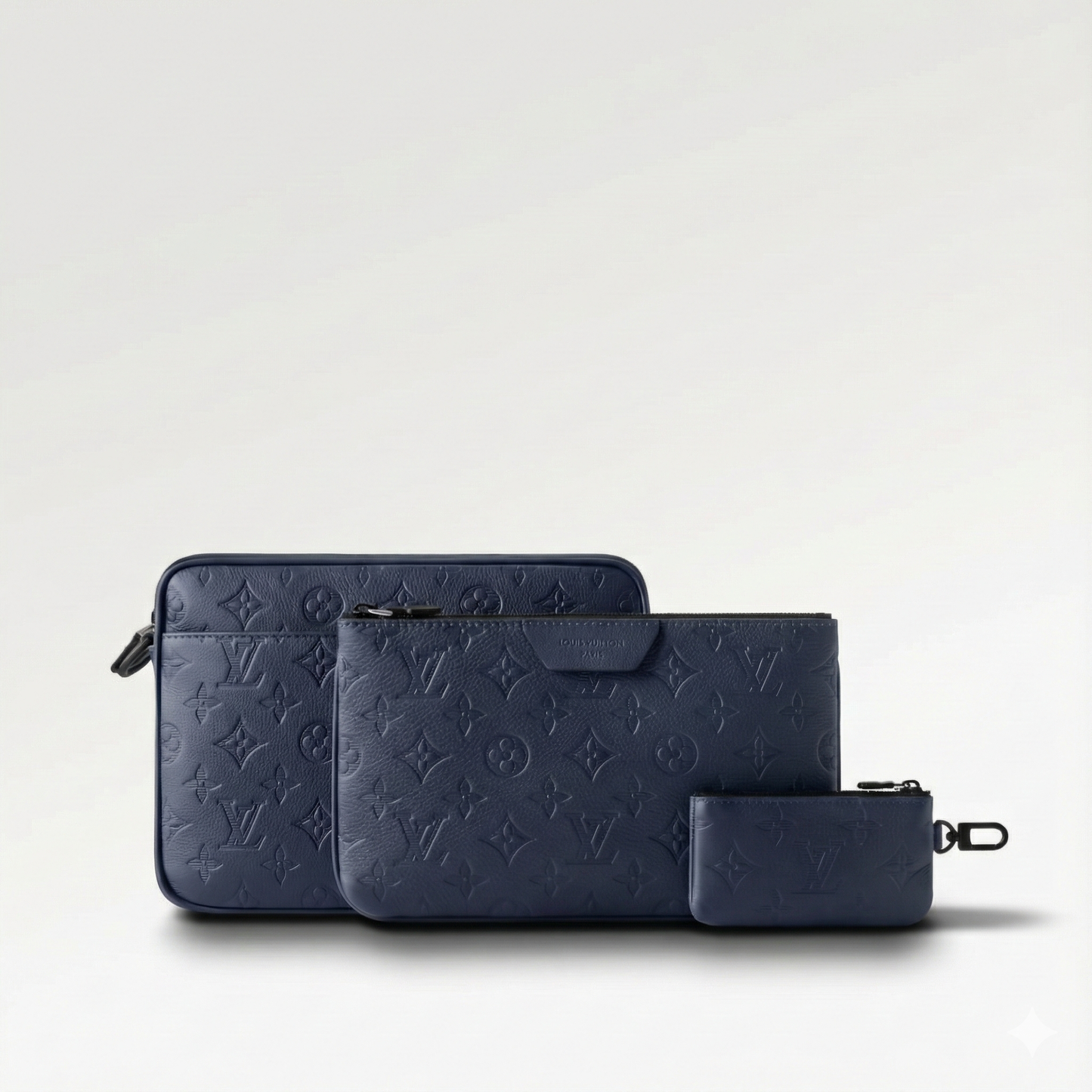 Monogram Embossed Leather Trio Messenger Bag (Navy Blue)