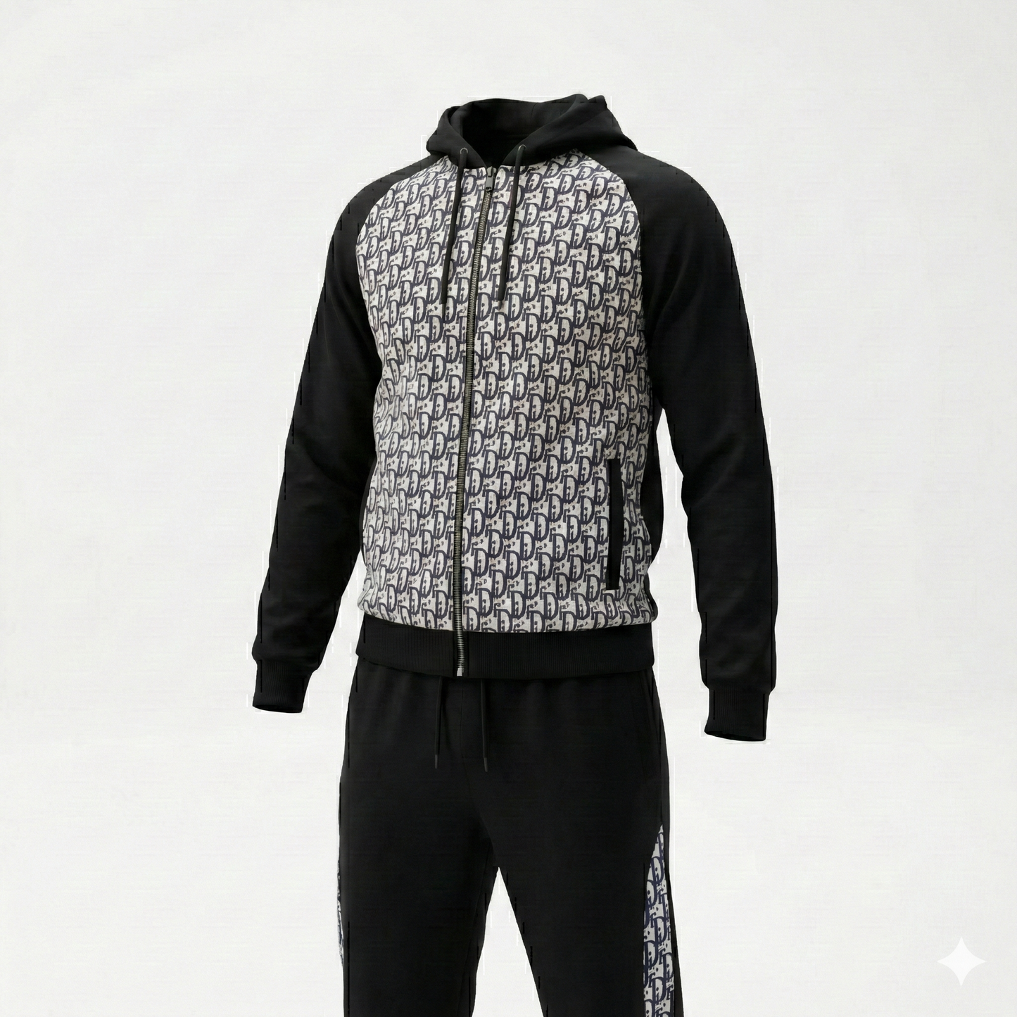Oblique Hooded Tracksuit in Black with Grey Jacquard Panels